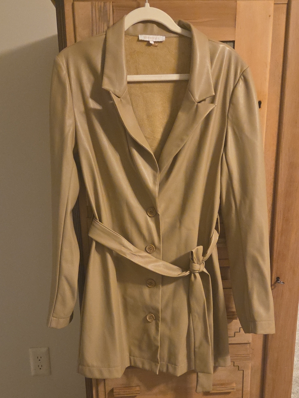 Olivaceous Light Tan Faux Leather Belted Blazer